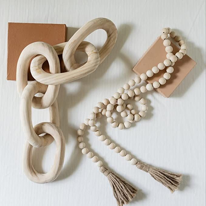 Amazon.com: Decorative Wood Chain Link and Bead Garland Set | Hand Carved Pine Wood Chain Decor |... | Amazon (US)