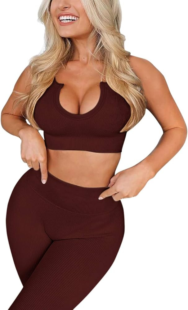 Beaufident Women's Workout Set Outfits Active 2 Pieces Ribbed Seamless Yoga Leggings with Paded S... | Amazon (US)