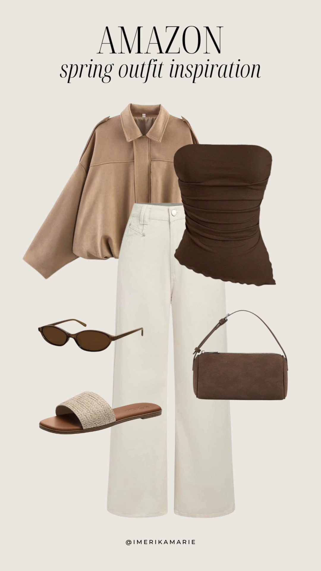 Amazon Spring Outfit Inspiration

Suede Jacket
Brown Tube Top
Beige Jeans
Suede Shoulder Bag
Brown Sunglasses
Sandals 

 #LTKootd #LTKSeasonal #LTKPetite