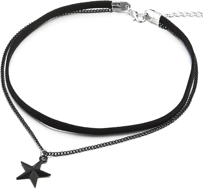 Two-Rows Choker Necklace with Black Chain and Pentagram Star Charm Pendant, Ladies Womens | Amazon (US)