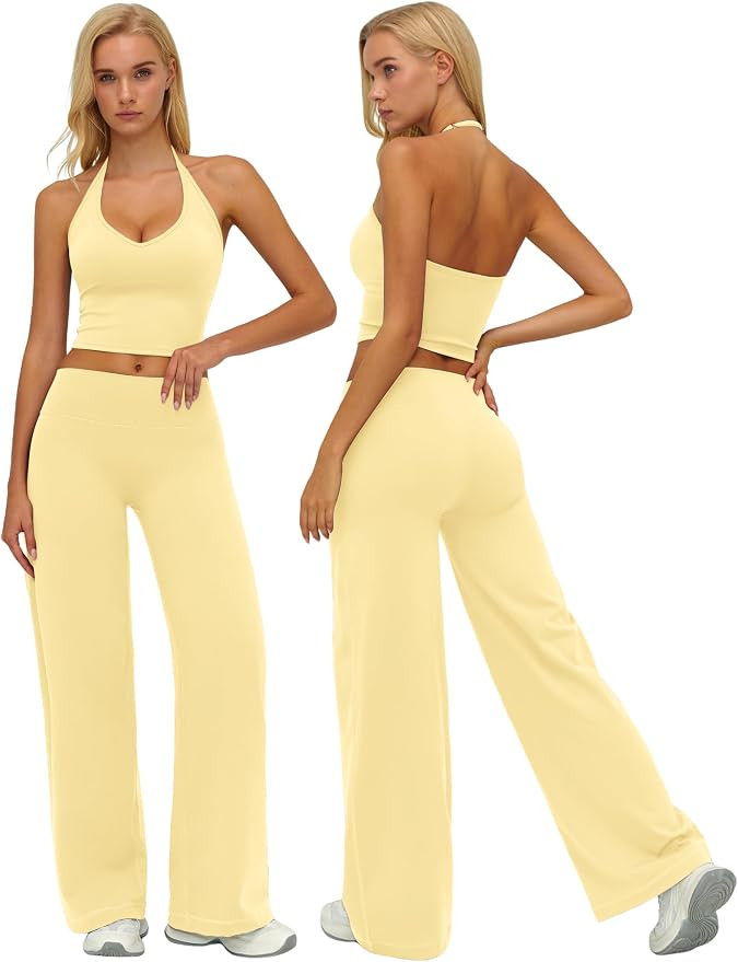 Women's Yoga Outfits Compression Halter Tank Top and Butt-lifting Leggings Wide Leg Pants Active ... | Amazon (US)