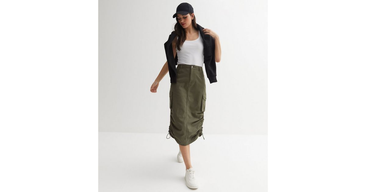 Khaki Denim Ruched Utility Midi Skirt
						
						Add to Saved Items
						Remove from Saved Ite... | New Look (UK)
