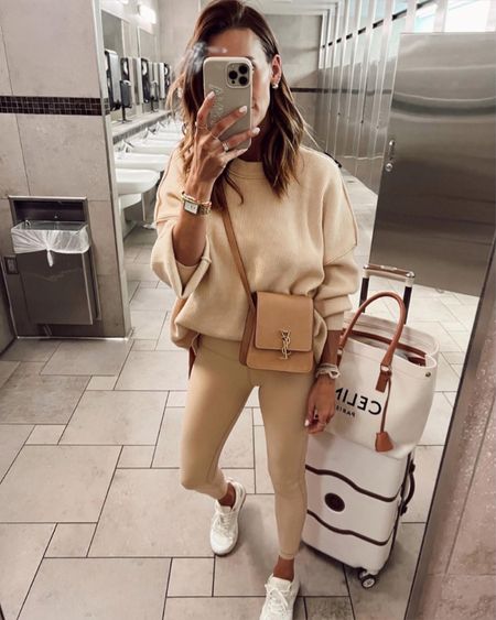 Travel outfit featuring my favorite amazon sweater 
Amazon sweater is oversized but tts and a great Free People Dupe
Lululemon Align Leggings size 2
YSL Kaia Bag 

#LTKstyletip #LTKtravel #LTKSeasonal