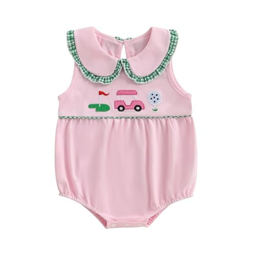 KtwHarnu Baby Girl Clothes Newborn Golf Cart Embroidery Peter Pan Collar Sleeveless Romper Bubble Bodysuit Cute Summer Outfit (Pink, 6-12 Months) | Amazon (US)