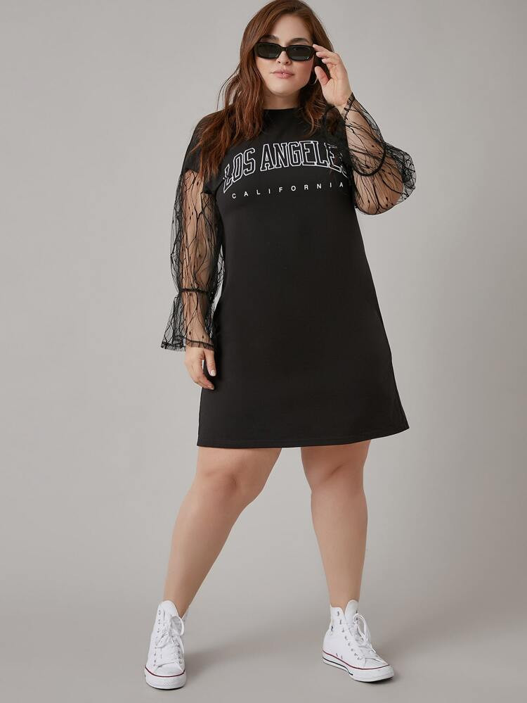 SHEIN Plus Letter Graphic Mesh Flounce Sleeve Dress | SHEIN