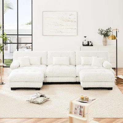 Chenille Fabric Living Room - Oversized U Shaped Cloud Couch With 2 Ottomans, Deep Seat Elegant White For Room, Soft Touch | Wayfair North America