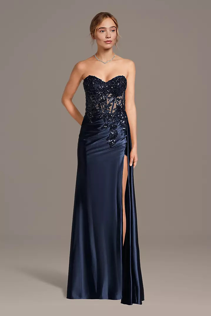 Sculpting Satin Sheath with Illusion Appliques | David's Bridal