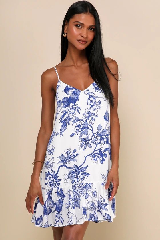 Garden Bloom Blue and White Floral Print Ruffled Shift Dress | Lulus