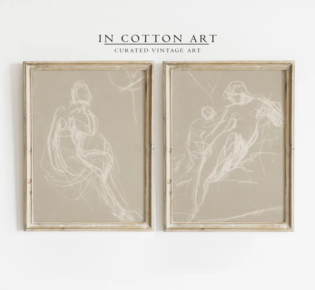Neutral Abstract Drawings SET of Two / Vintage Minimalist Figure Sketch Art Print / Modern Wall D... | Etsy (US)