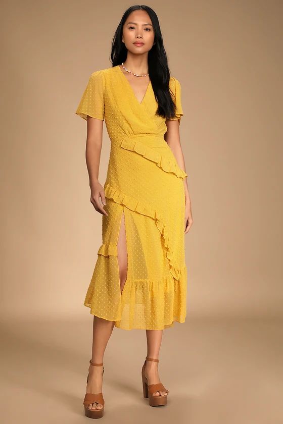 Next to You Mustard Yellow Swiss Dot Ruffled Midi Dress | Lulus (US)