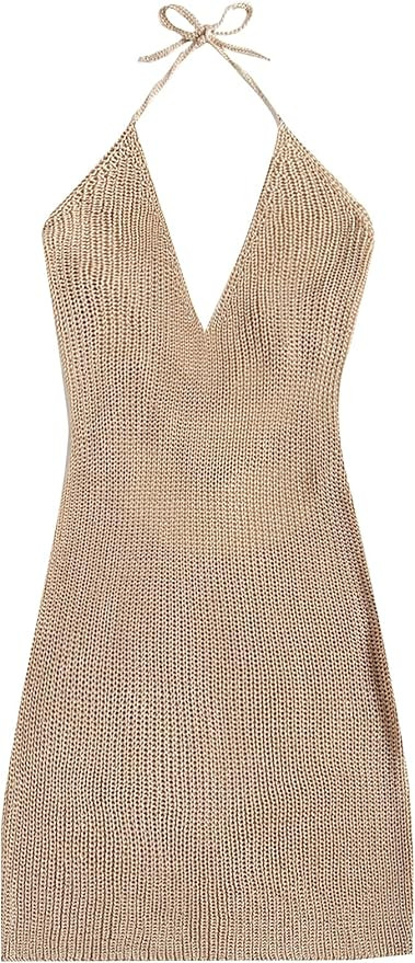 MakeMeChic Women's Sleeveless Halter Tie Back Knitted Swim Beach Cover Up Dress Apricot L | Amazon (US)