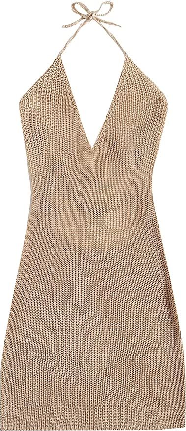 MakeMeChic Women's Sleeveless Halter Tie Back Knitted Swim Beach Cover Up Dress | Amazon (US)