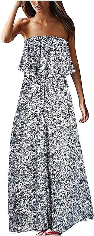 Tube Top Dresses for Women Summer Strapless Boho Maxi Long Dress Florals Print Sexy Off-Shoulder ... | Amazon (US)