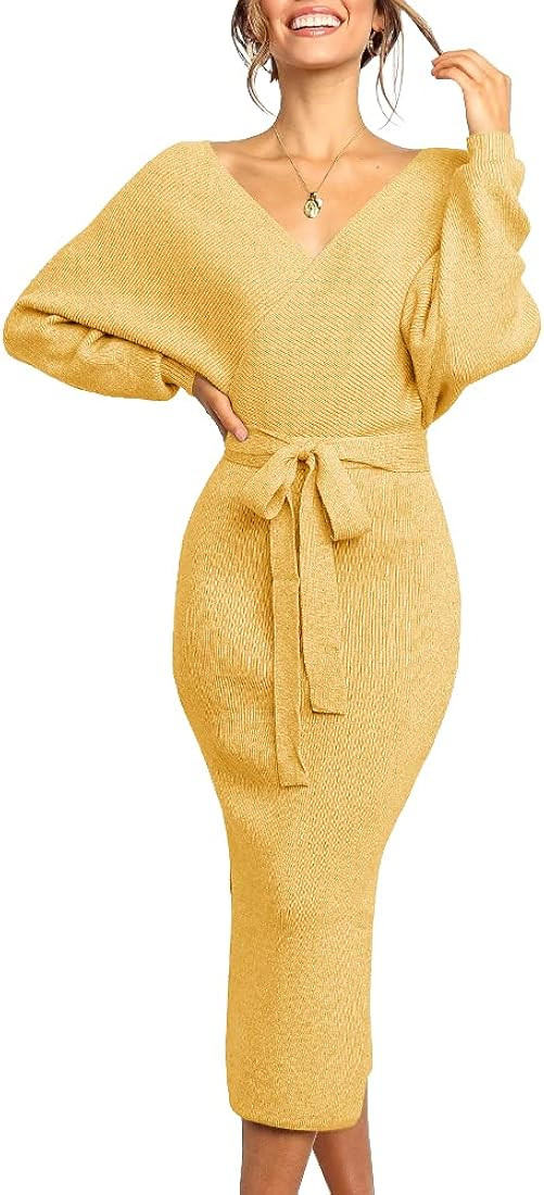 Chang Yun Women's Long Maxi Sweater Dresses Sexy Wrap Batwing V Neck Slit Open Back Holiday Bodyc... | Amazon (US)