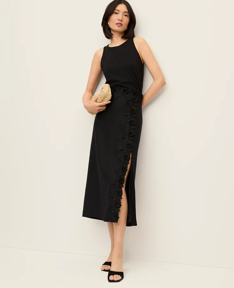 Petite Lace Trim Linen Blend Midi Skirt | Ann Taylor