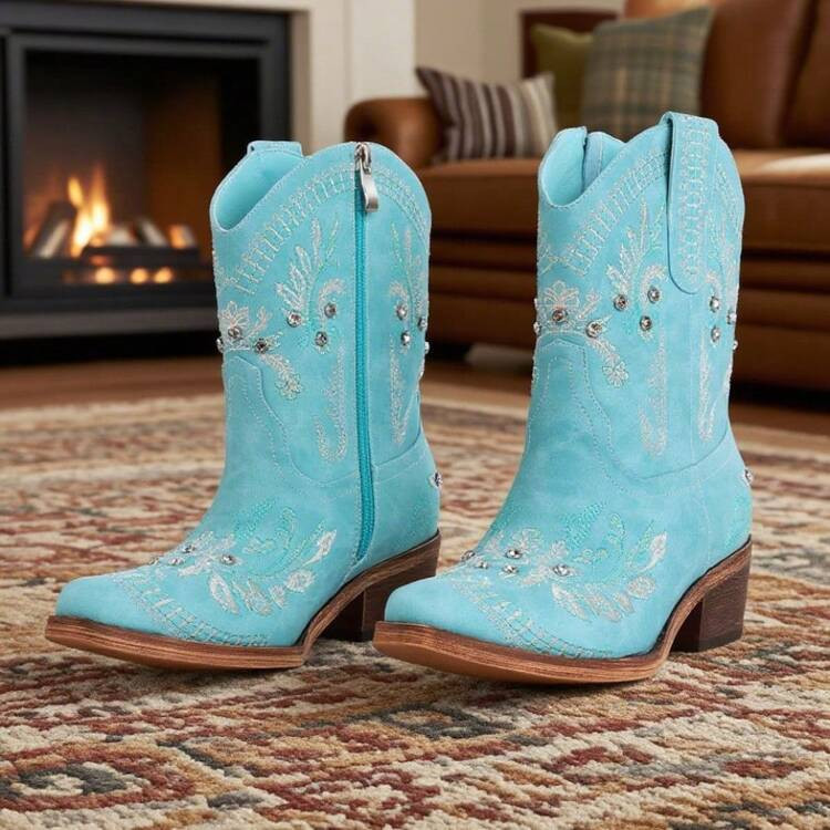 Rhinestone Ankle Cowboy Boots For Women Embroidered Short Cowgirl Boots With Low Heel Side Zipper Comfortable Chunky Heels Western Booties For Prom Party Wedding Pull On Shoes | SHEIN