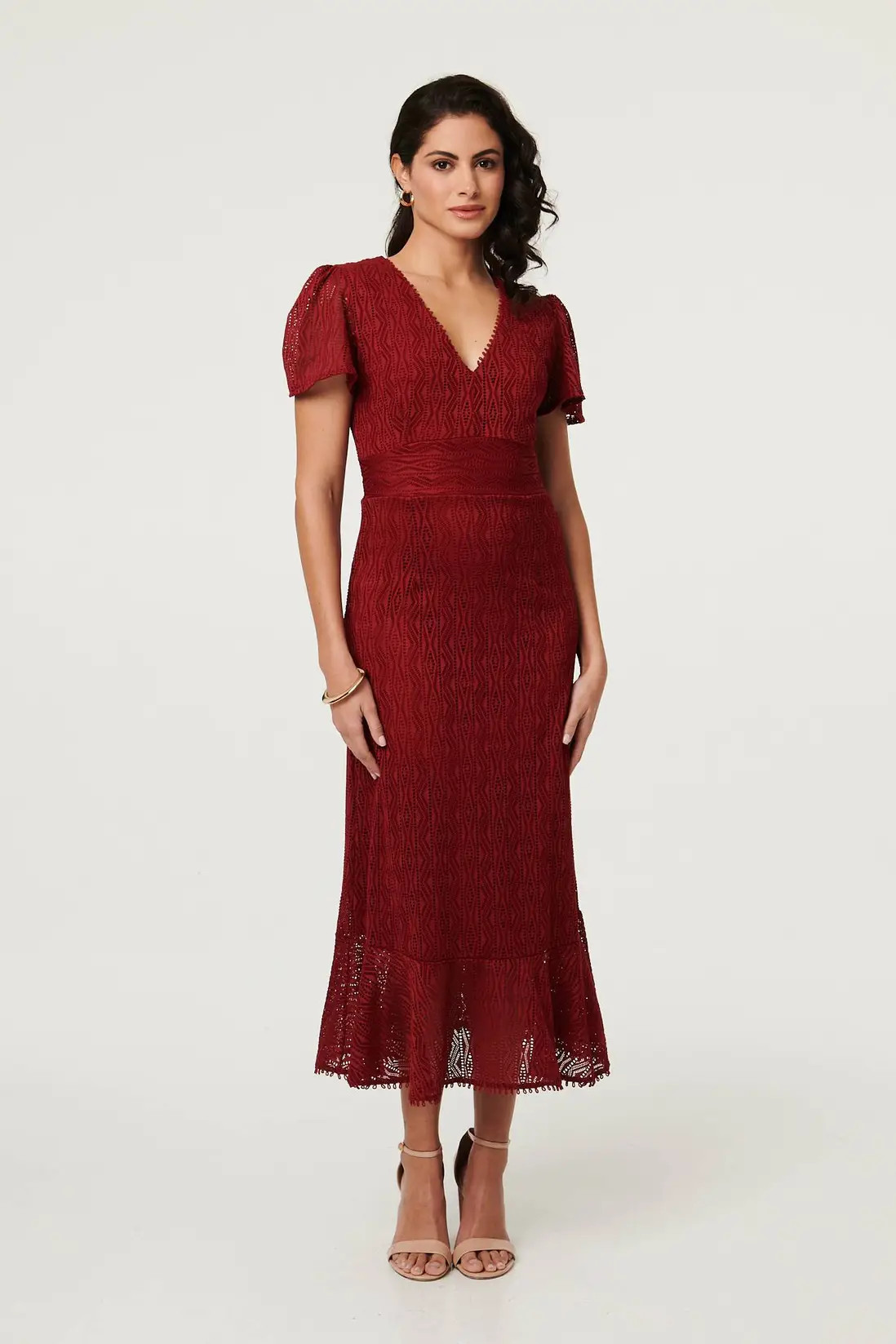 Red Izabel London Printed Lace Texture Slim Midi Dress | Debenhams | Debenhams UK