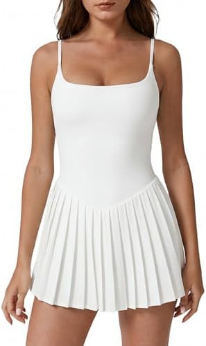 QINSEN Square Neck Spaghetti Straps Pleated Tennis Dress for Women Built-in Shorts with Pocket At... | Amazon (US)