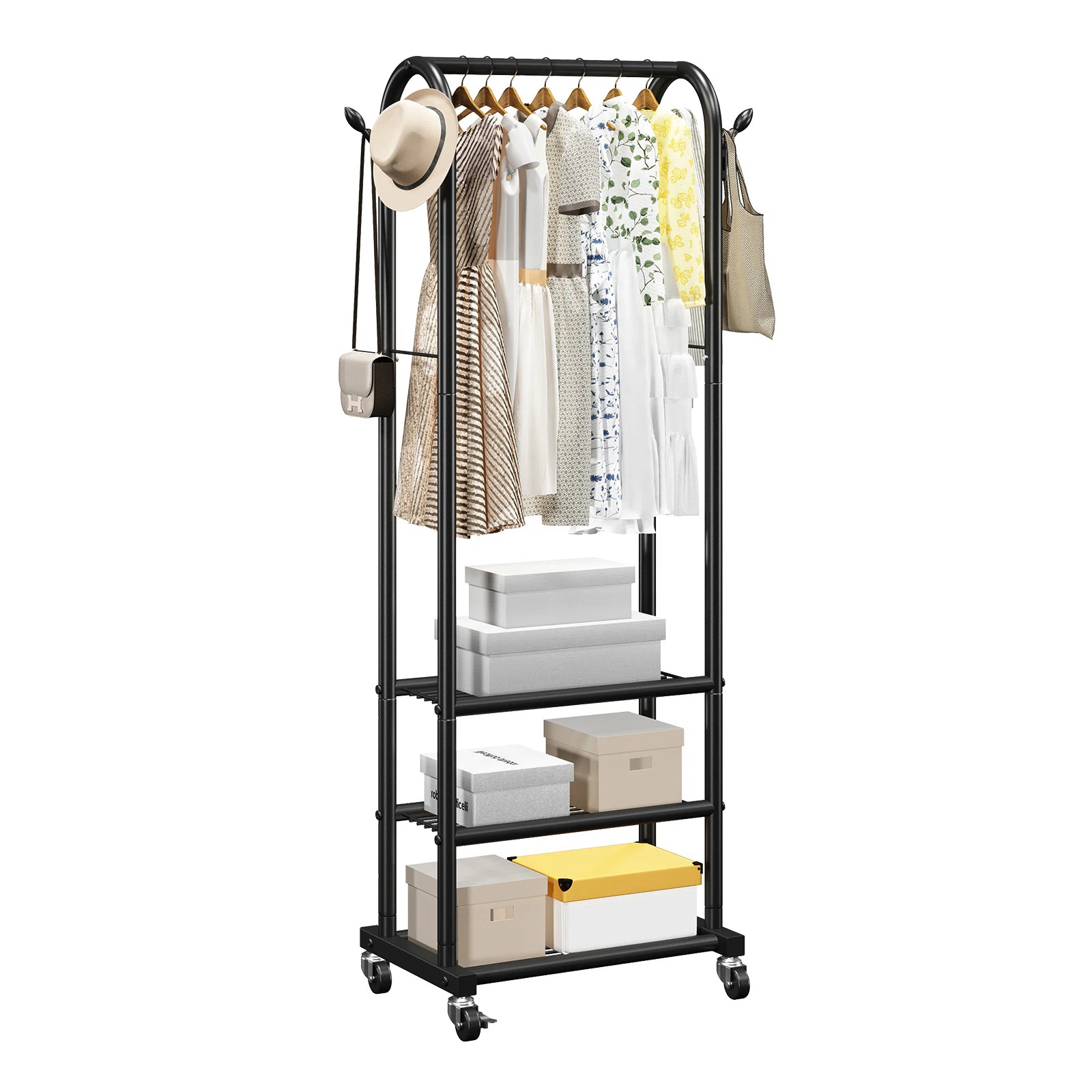Clothes Rack, Rolling Clothing Garment Rack with Hanging Rod and Side Hooks, 3 Storage Shelves, 9... | Wayfair North America