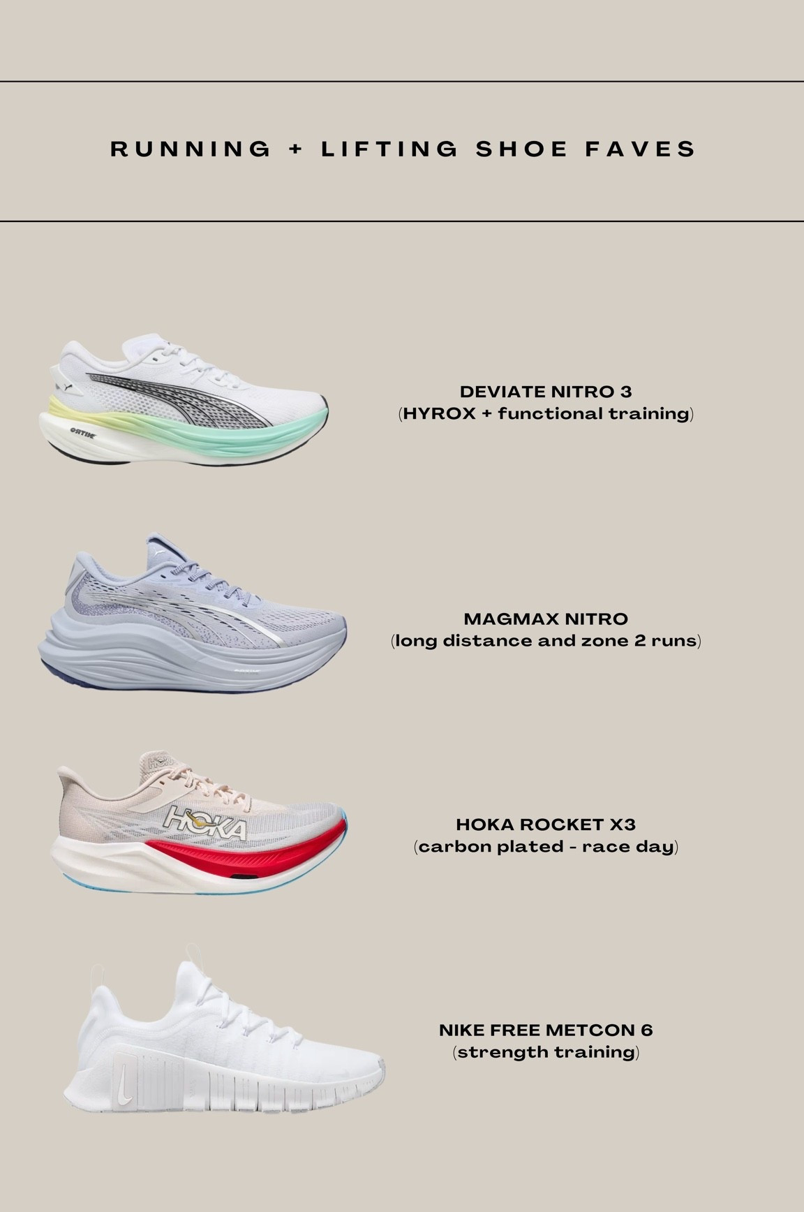 My favorite shoes based on sport! 

I always size up a size for running shoes!