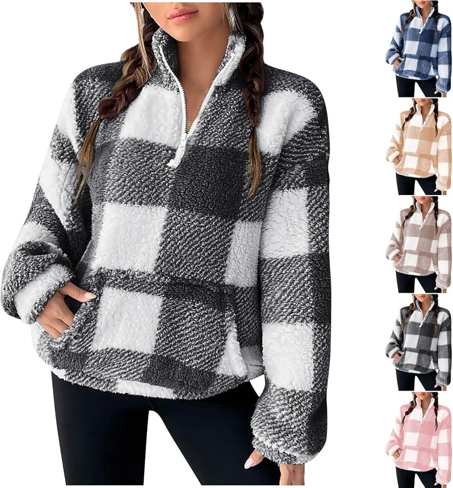 Quarter Zip Sweatshirt Women Oversized Fleece Warm Fuzzy Plaid Vintage Sweatshirt Soft Y2k Clothe... | Amazon (US)