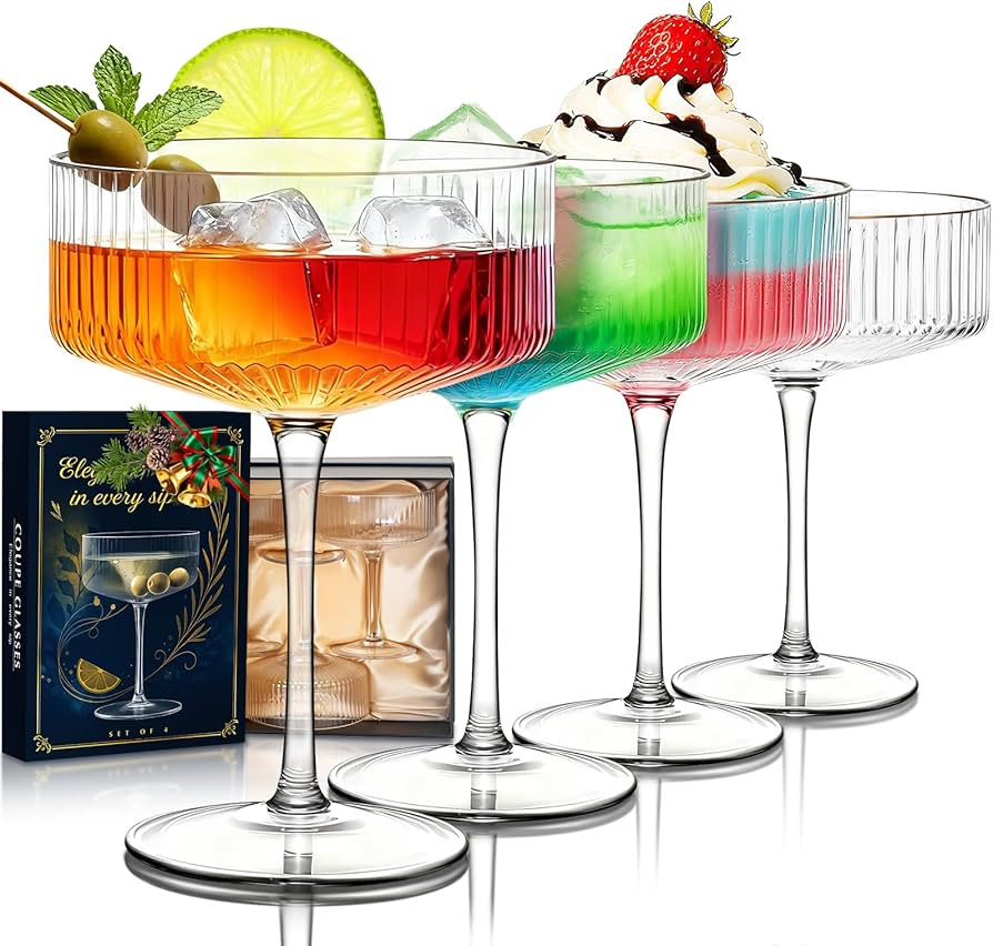 Evoio Martini Coupe Glasses Set of 4 | 10 oz Elegant Ribbed Vintage Cocktail Glasses, Premium Cry... | Amazon (US)
