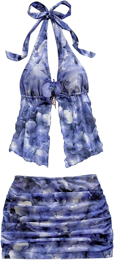 MakeMeChic Women's Summer 2 Piece Sets Mesh Open Back Halter Top Camisole Pencil Mini Skirt Set V... | Amazon (US)