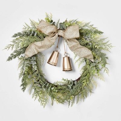20in Unlit Cedar Eucalyptus with Gold Bells & Champagne Ribbon Bow Wreath - Wondershop™ | Target