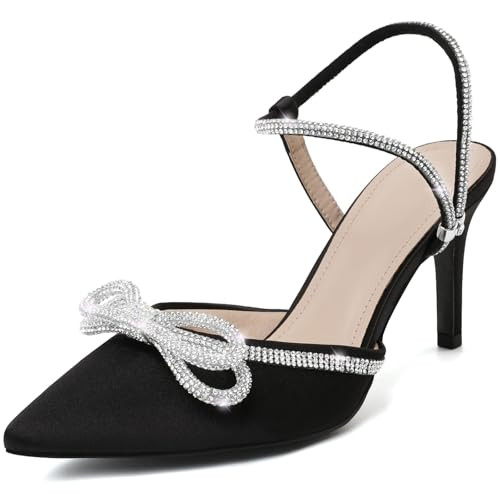 Susanny Black Rhinestone Heels for Women Bow Heels Evening Party Ankle Strap Closed Toe Pumps Office Kitten Heels Dress Heeled Prom Shoes 9 | Amazon (US)