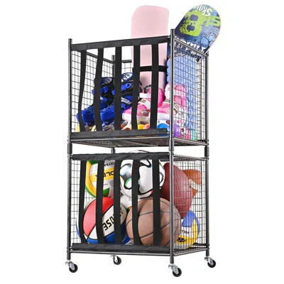 Rolling Sports Ball Storage Cart, Sports Lockable Ball Storage Locker With Elastic Straps, Stackable Ball Cage For Garage Storage Garage Organizer | Wayfair North America