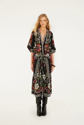 Black Rococo Flowers Belted Midi Dress | FarmRio (US)
