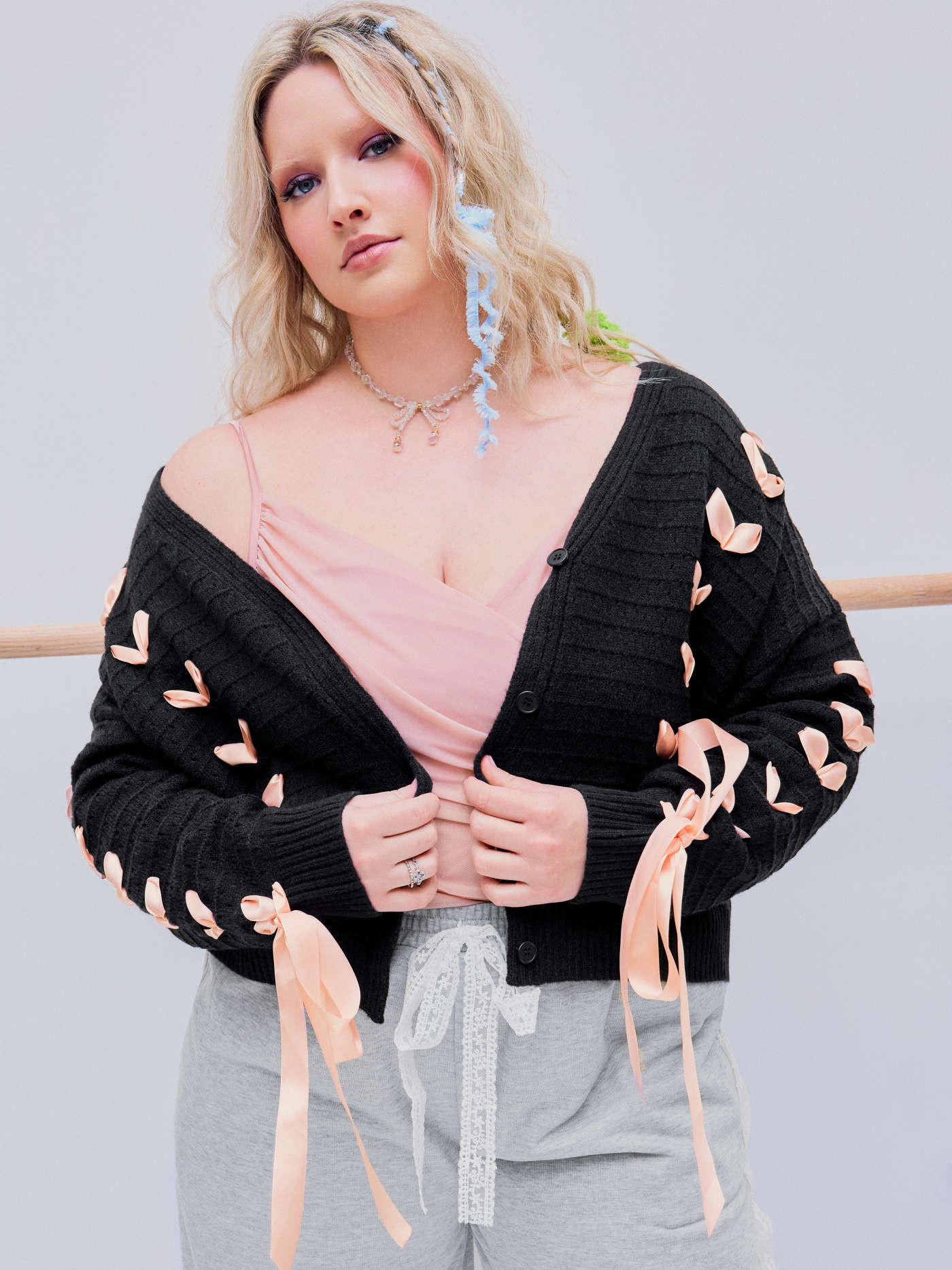 Jacquard V-neck Lace up Cardigan Curve & Plus | Cider
