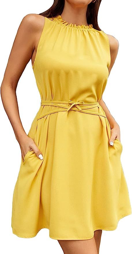 Verdusa Women's Frill Trim Sleeveless Round Neck Belted Short A Line Dress | Amazon (US)