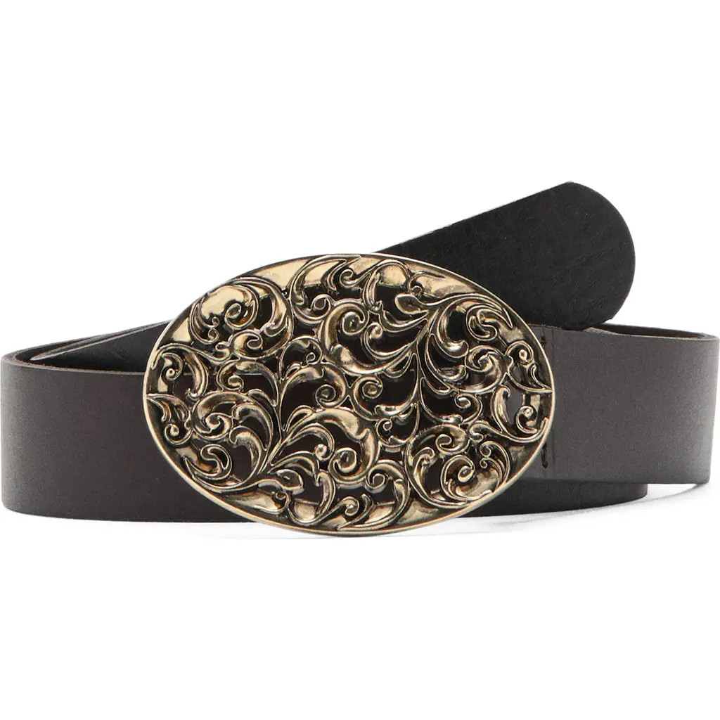 MANGO Engraved Buckle Leather Belt in Chocolate at Nordstrom, Size Large | Nordstrom