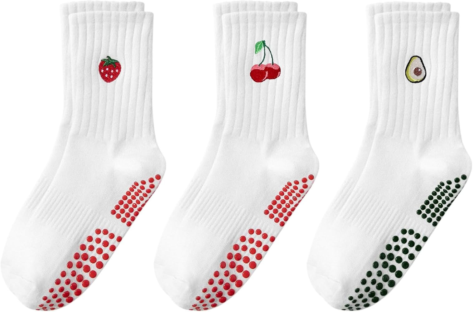 Pilates Grip Socks for Women Cherry Avocado Yoga Non Slip Crew Socks for Fitness,Pure Barre, Ball... | Amazon (US)