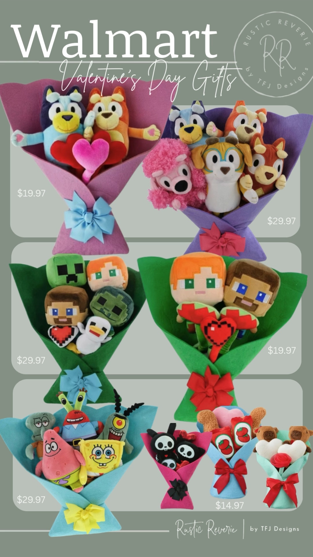 Have y’all seen these Plush Bouquets at Walmart for Valentine’s Day?! They are so adorable! They have a great selection of characters to choose from too. ❤️ minecraft bluey sponge bob snoopy hello kitty mickey mouse minnie chucky nightmare before christmas skelanimals south park capybara cow dog teddy bear dino nuggets nuggie plushies plushy duck squishmallows

#LTKSeasonal #LTKFindsUnder50 #LTKKids