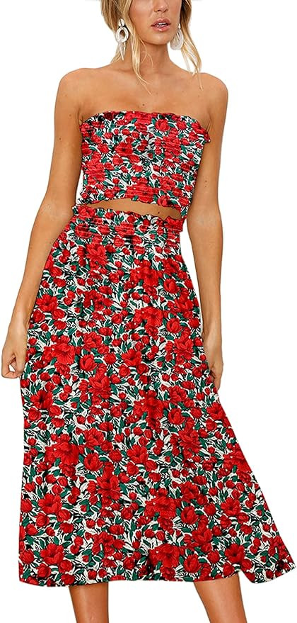Angashion Women's Floral Crop Top Maxi Skirts Set 2 Piece Outfit Dress | Amazon (US)