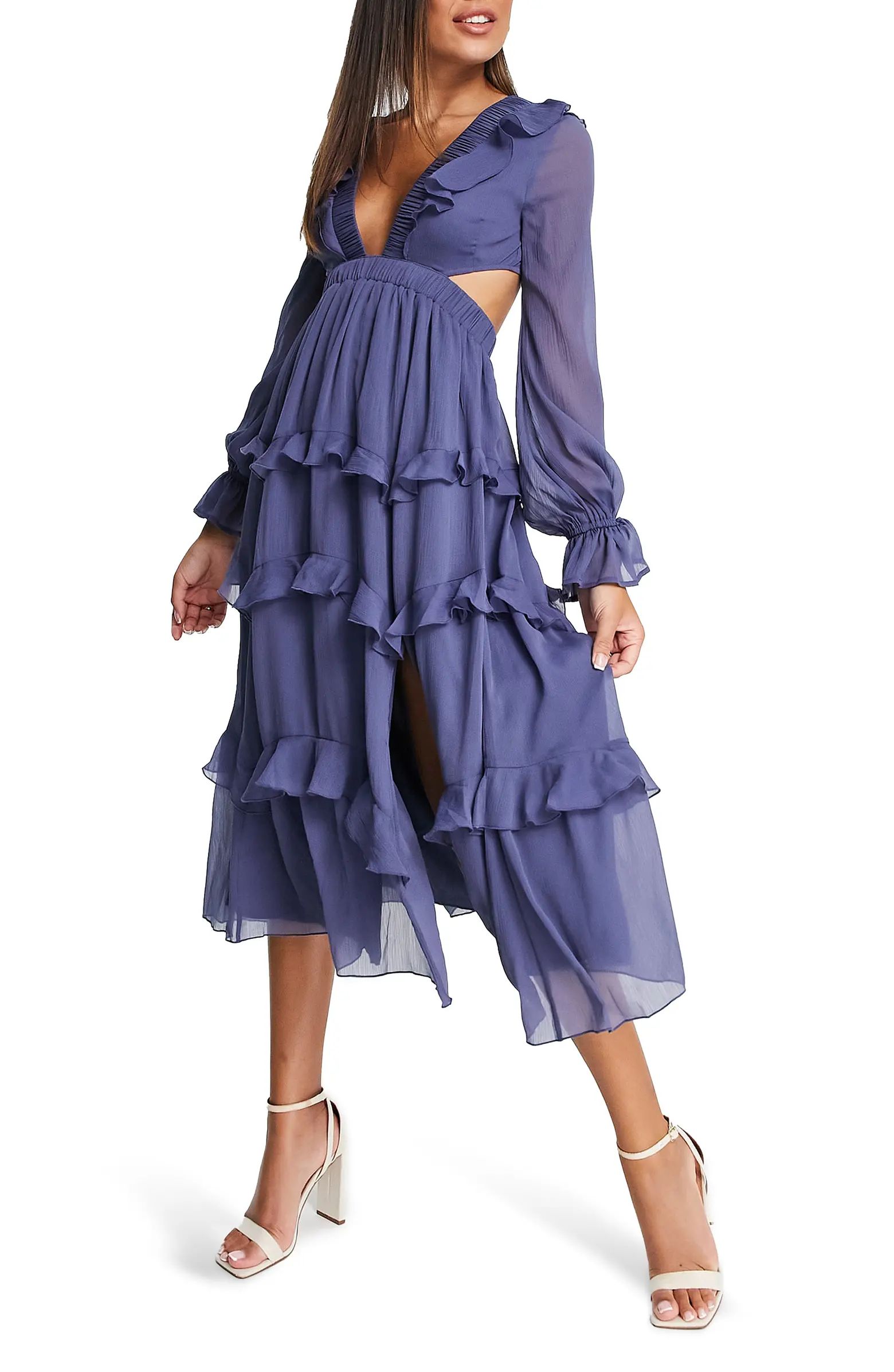 Tiered Ruffle Cutout Long Sleeve Midi Dress | Nordstrom