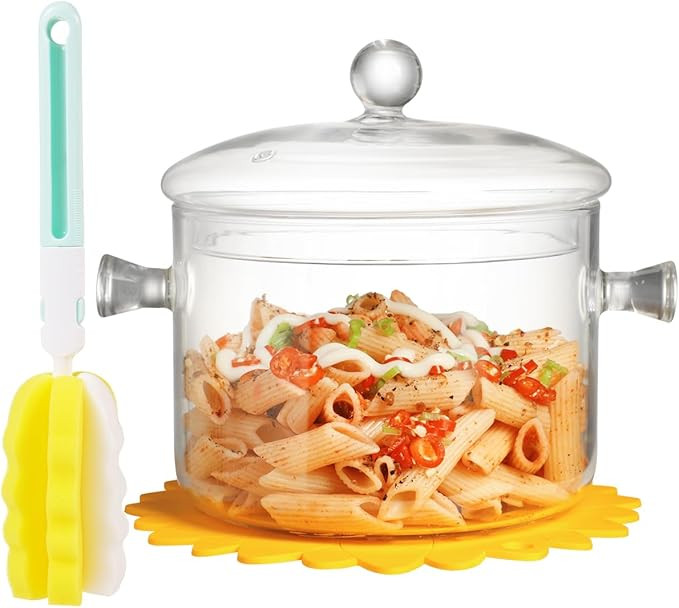 Clear Glass Cooking Pot With Lid And Brush And Silicone Hot Pads On Stove - 2L(68oz) Borosilicate... | Amazon (US)