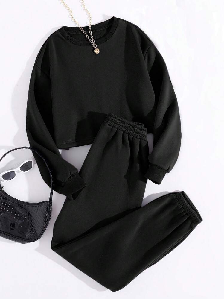 Flirla Thermal Lined Solid Sweatshirt With Sweatpants Fall Cloth For Women | SHEIN