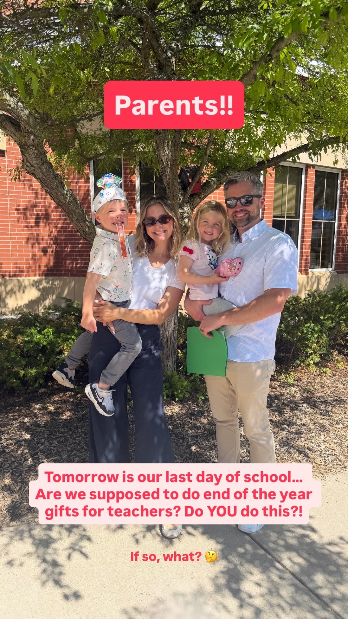 If so, what? 🤔 Tomorrow is our last day of school… Are we supposed to do end of the year gifts for teachers? Do YOU do this?! Parents!!