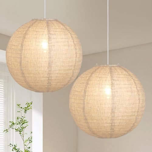 CLARSYNE 2PCS Large White Linen Globe Lanterns Pendant Lights, 16" Boho Beige Fabric Hanging Lamps for Bedroom, Living Room and Kitchen, Japanese Chinese Minimalist Home Lighting Décor | Amazon (US)