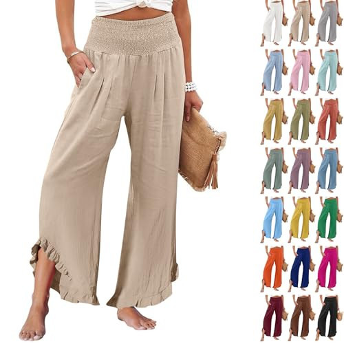 Wide Leg Linen Pants for Women Petite Cropped Palazzo Pants Casual Dressy Loose Flowy Ruffle Boho Beach Pant Swim Cover Up Lightweight Gauze Crop Cotton Linen Blend Pant Culottes Plus Size Clothing | Amazon (US)