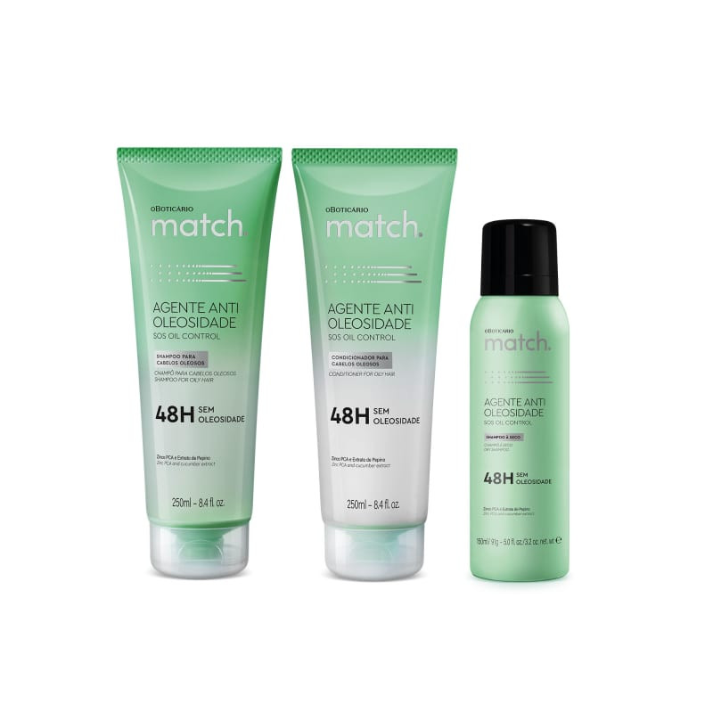 Combo Match Agente Antioleosidade: Shampoo 250ml + Condicionador 250ml + Shampoo à Seco 150ml | oBoticario (BR)
