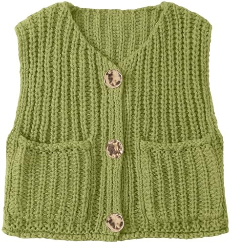 UEU Women's Chunky Vest Tops Button Down Crochet Sweater Vest with Pockets Olive Green Small | Amazon (US)