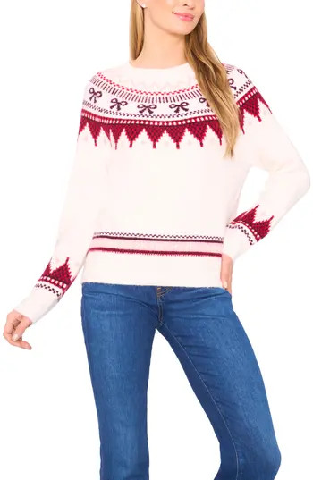 CeCe Bow Fair Isle Ribbon Detail Crewneck Sweater in Glamour Red at Nordstrom Rack, Size X-Large | Nordstrom Rack