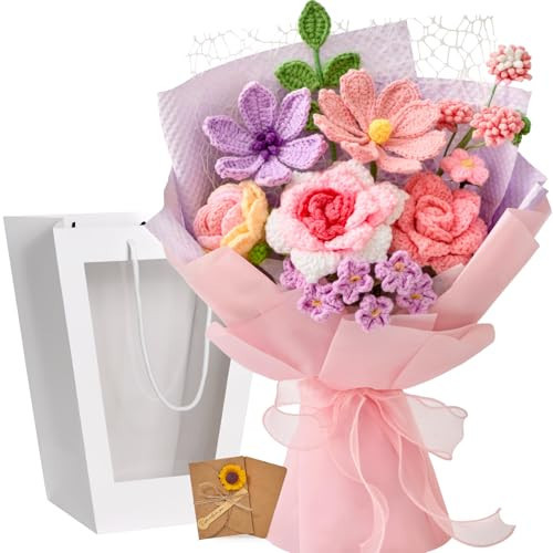 Serwalin Crochet Flower Bouquet,Pink Knitted Flowers,Roses Crochet Flowers for Mother’s Day Lover Wedding Anniversary Birthday Valentine Day Back-to-School or Graduation Ceremonies Gift (with Card) | Amazon (US)