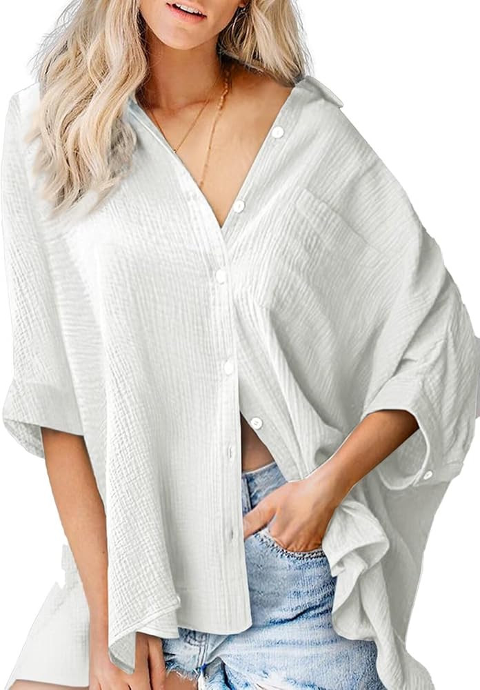 Astylish Women 2024 Oversized Button Down Shirt 3/4 Sleeve Blouse V-Neck Textured Tops | Amazon (US)
