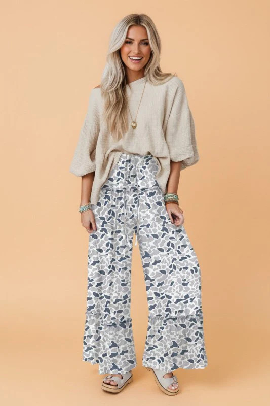 Camo Ruffle Wide Leg Drawstring Pants | The Southern Decorista
