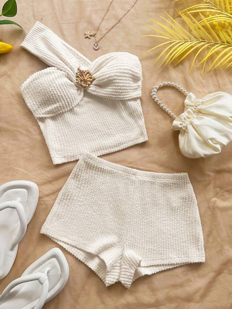 Soleia Island Vacation Outfits Summer Outfits For Women Graphic Tees Women Rave Outfits White Vacation Two Pieces Set Off The Shoulder Top Women Two Pieces Outfits For Daily Wear | SHEIN